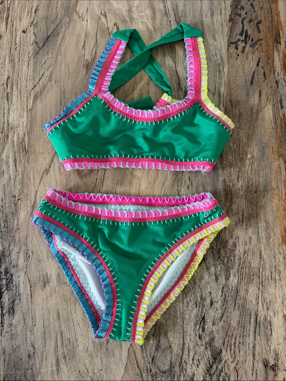 Girls platinum swimwear Green Crochet-Trim Two-Piece Swimset 10